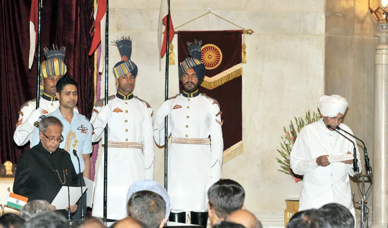 The President, Shri Pranab Mukherjee administering the oath as Cabinet Minister to Shri Sis Ram..