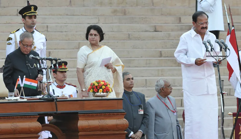 The President, Shri Pranab Mukherjee administering the oath as Cabinet Minister to Shri M. Venkaiah Naidu, at a Swearing-in Ceremony, at Rashtrapati Bhavan, in New Delhi