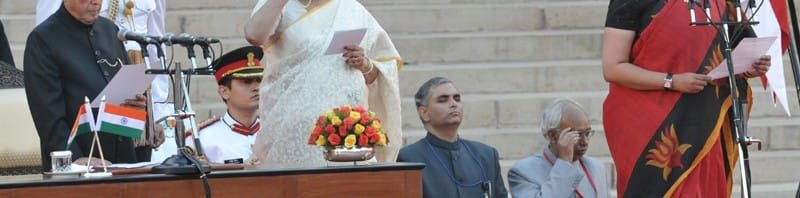 The President, Shri Pranab Mukherjee administering the oath as Cabinet Minister to Smt. Smriti Zubin Irani, at a Swearing-in Ceremony, at Rashtrapati Bhavan, in New Delhi
