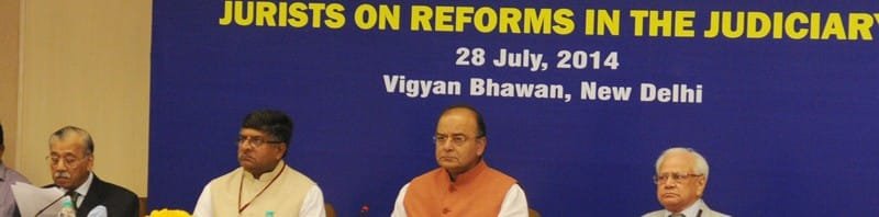 The Union Minister for Communications & Information Technology and Law & Justice, Shri Ravi Shankar Prasad and the Union Minister for Finance, Corporate Affairs and Defence, Shri Arun Jaitley at the discussion about Supreme Court’s collegium, in New Delhi