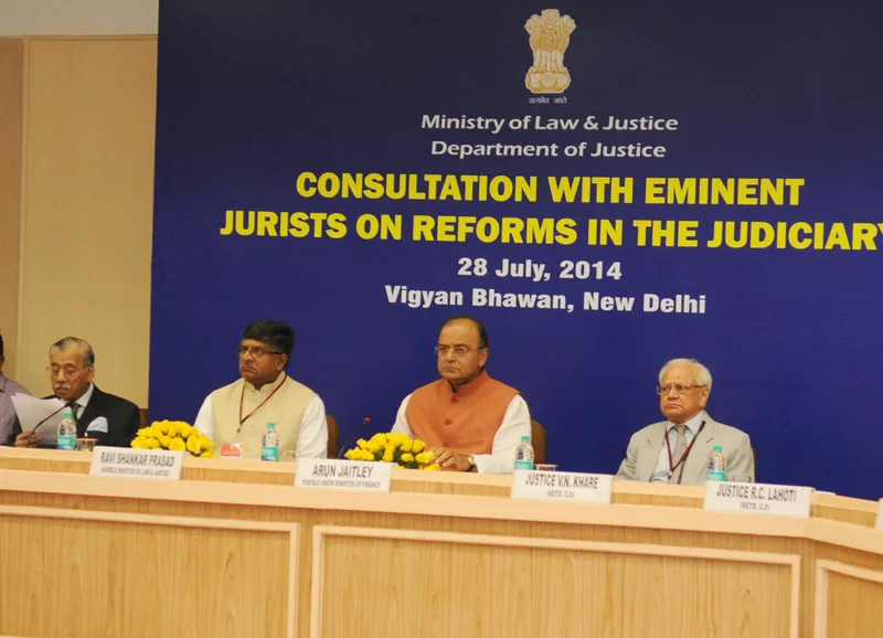 The Union Minister for Communications & Information Technology and Law & Justice, Shri Ravi Shankar Prasad and the Union Minister for Finance, Corporate Affairs and Defence, Shri Arun Jaitley at the discussion about Supreme Court’s collegium, in New Delhi