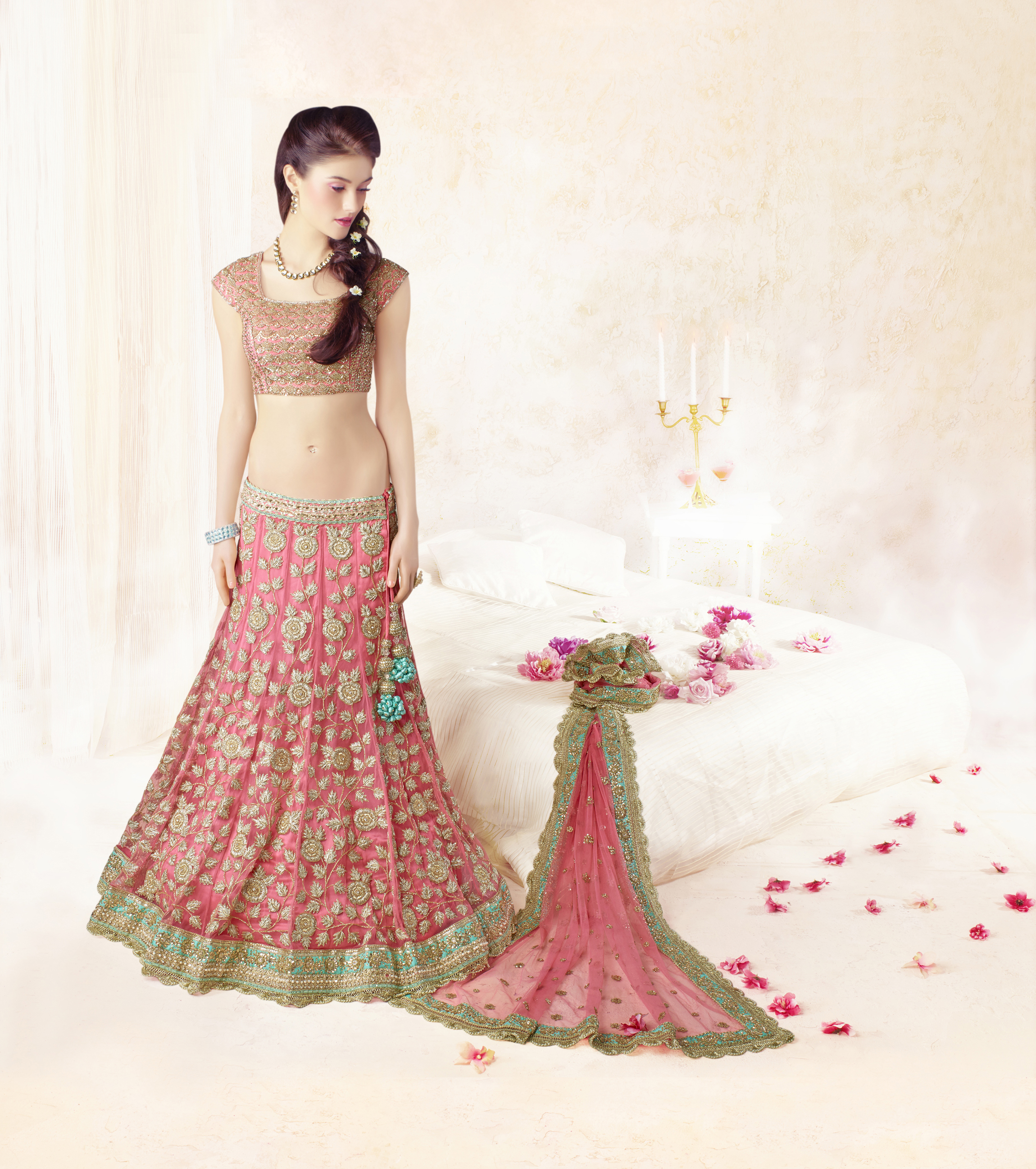 Peach Net lehenga with handcrafted gota embroidery