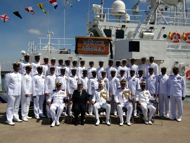 The officers and sailor of newly commissioned Fast Patrol Vessel (FPV) ICGS Abhiraj posing for a group photograph with the Vice Admiral S.P.S. Cheema Foc-In-C, Southern Naval Command and senior officers of Indian Coast Guard in the deck of the ship, at Tuticorin