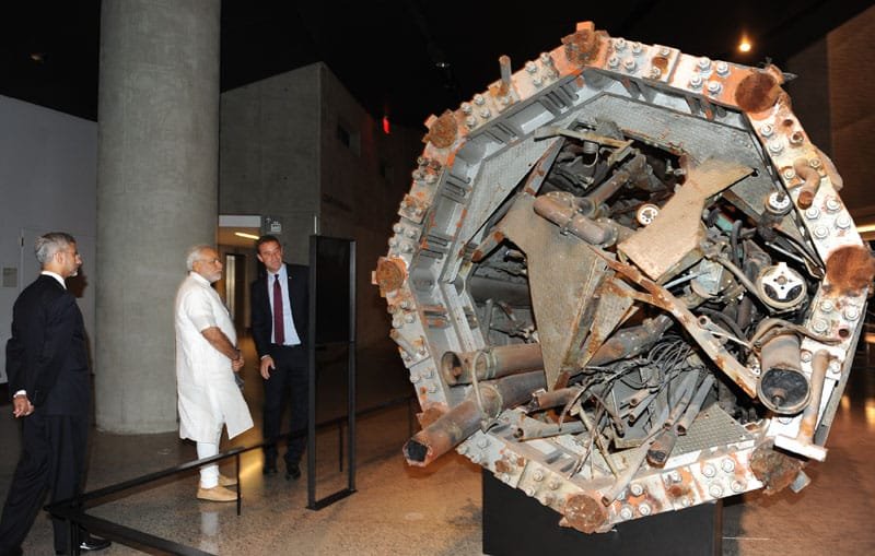The Prime Minister, Shri Narendra Modi at the exhibition inside the 9/11...