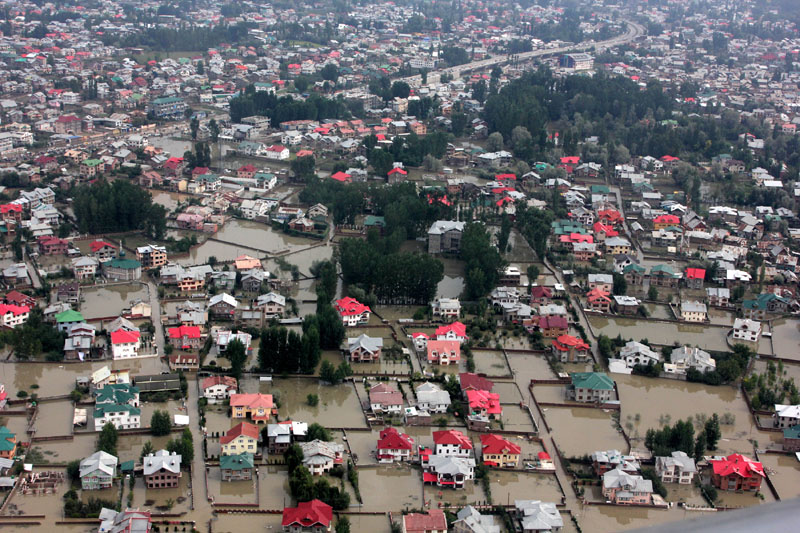 An aerial view of flood affected areas of Srinagar taken from an IAF helicopter