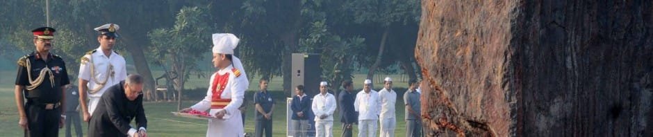 The President, Shri Pranab Mukherjee paying floral tributes at the Samadhi of...