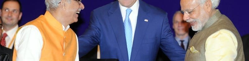 The Prime Minister, Shri Narendra Modi with the US Secretary of State, Mr. John Kerry, at the..