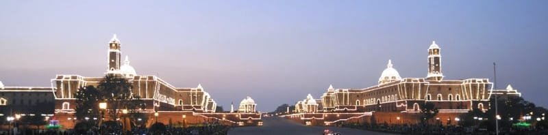 A view of the illuminated Rashtrapati Bhavan, South and North Block, during the Beating the Retreat Ceremony, in New Delhi