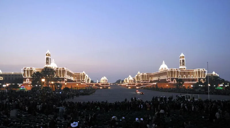 A view of the illuminated Rashtrapati Bhavan, South and North Block, during the Beating the Retreat Ceremony, in New Delhi