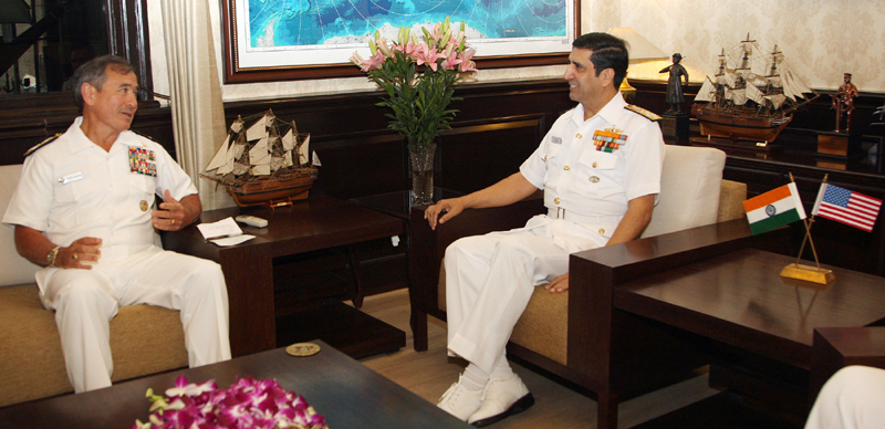 The Jr. Commander, Pacific Fleet US Navy, Admiral Harry Harris calling on the Chief of Naval Staff, Admiral R.K. Dhowan, in New Delhi