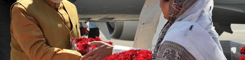 The Prime Minister, Shri Narendra Modi being received by the Chief Minister of Madhya Pradesh,..