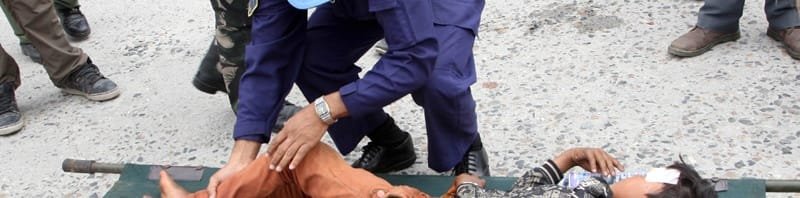 The Indian Air Force personnel evacuating quake affected injured person from Trisuli, Nepal
