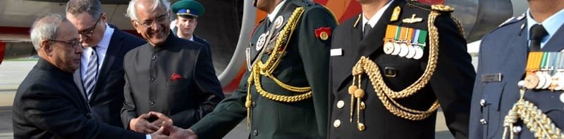 The President, Shri Pranab Mukherjee being welcomed on his arrival at the Vnukovo International Airport, Moscow in Russia