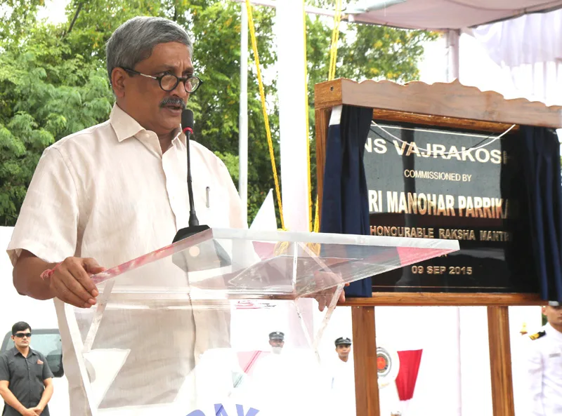 The Union Minister for Defence, Shri Manohar Parrikar addressing at the commissioning ceremony ..