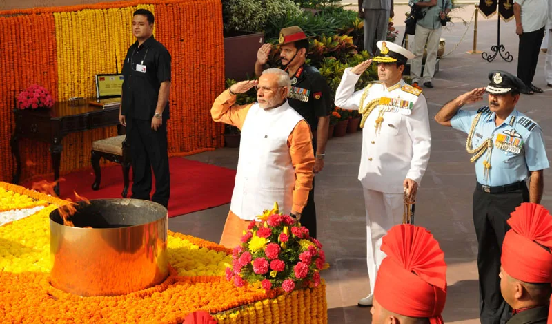 The Prime Minister, Shri Narendra Modi paying homage to the brave soldiers, who..