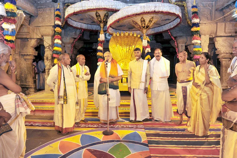 The Prime Minister, Shri Narendra Modi addressing the gathering at Tirumala Temple, ..