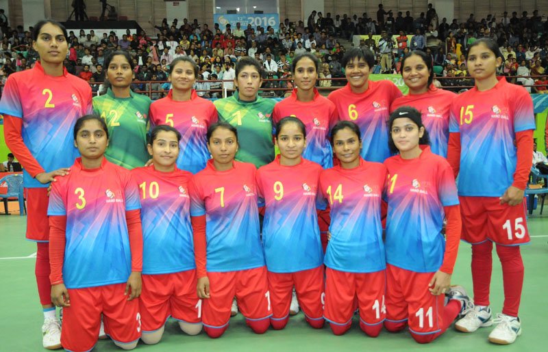 The Silver Medal winning Women team of Bangladesh in the handball event, at ..