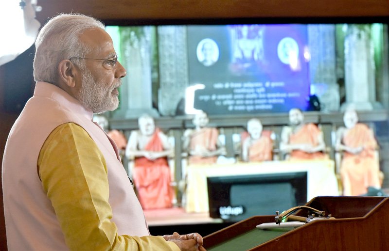 The Prime Minister, Shri Narendra Modi delivering his address via video..