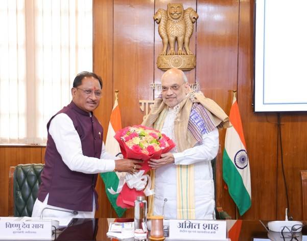 Union Home Minister and Minister of Cooperation Amit Shah, holds a review meeting with Chhattisgarh Chief Minister  Vishnu Deo Sai in New Delhi on the implementation of three New Criminal Laws in the state